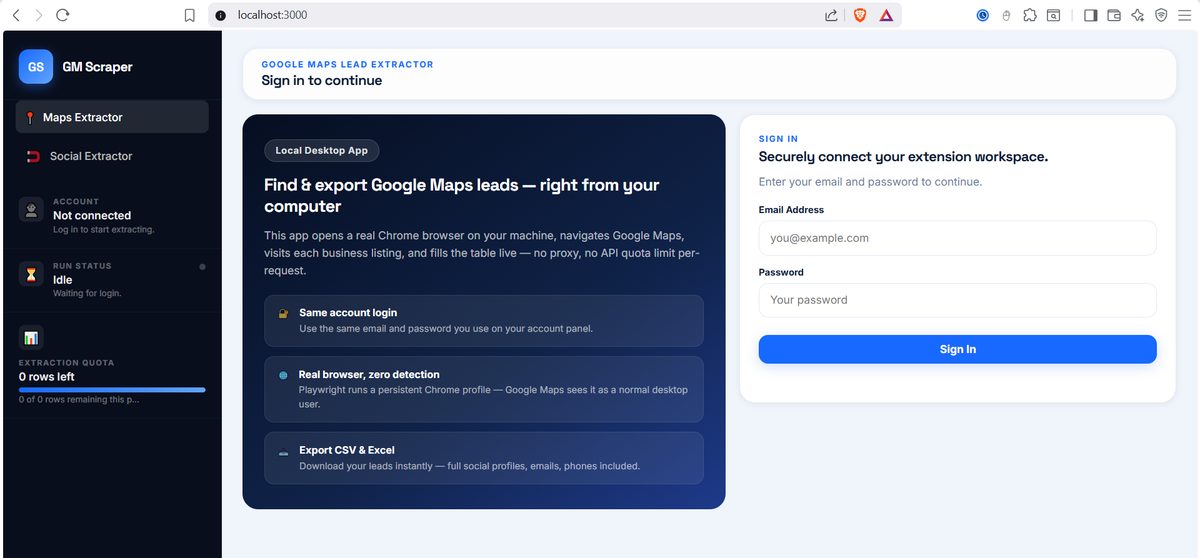 GM Scraper Google Map Scraper Software — live Google Maps data scraping interface
